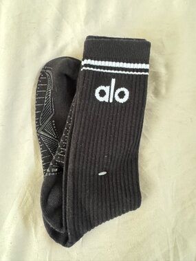 ALO Yoga Black Crew Athletic Grip Socks with White Logo and Stripe